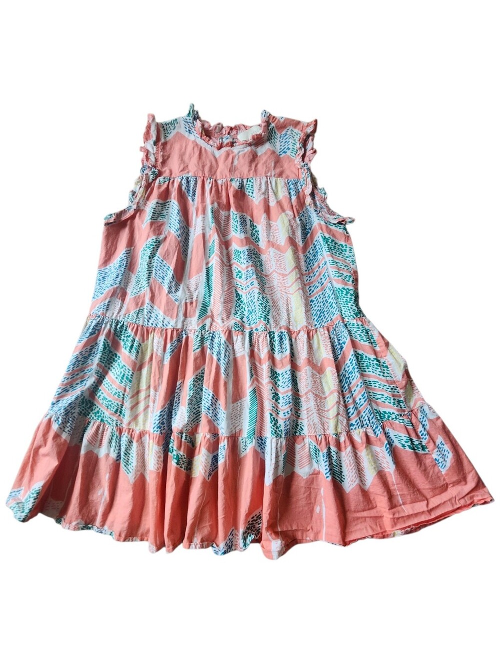 PINCH Peach Abstract Chevron Tiered Mini Dress Sleeveless Ruffle Neck L